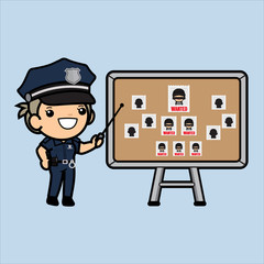 Cute Cops standing and smile with information board ,thief photo , Police woman or officer security in uniform illustration, Vector illustration in a flat style