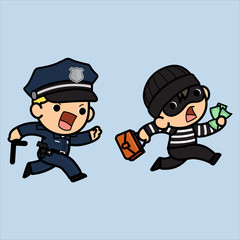 Police officer, policeman or Cop  running try to chasing a thief ,Vector illustration in a flat style , Cute cartoon.