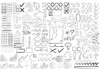 big collection of hand draw marker elements, check marks, arrows, highlighter, diagram, underlines, speech bubble, grade results, process templates