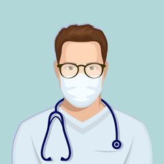 Fototapeta premium Young male Medical Doctor in protective mask with stethoscope. Flat style. Vector illustration