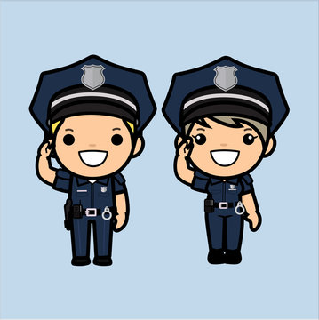 Cops or police officer, police woman in his uniform standing smile ,welcome action ,Cute Cartoon, vector illustration in a flat style