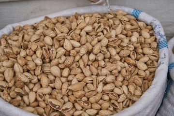 Raw shelled almonds in bag in orient market