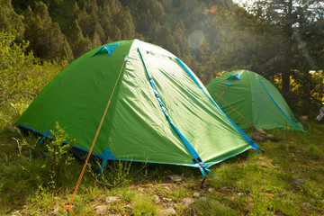 Tourist tent on nature in the mountains