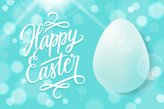 Happy Easter celebrate banner with easter egg, hand lettering text design and blue bokeh background. Vector illustration.