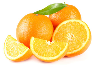 healthy food. orange with green leaf isolated on white background