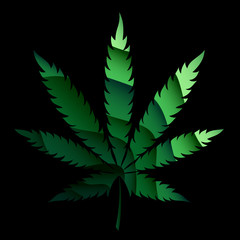 Vector origami. Green marijuana leaf with a gradient on a dark background.