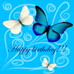 postcard with a happy birthday, three butterflies on a blue background