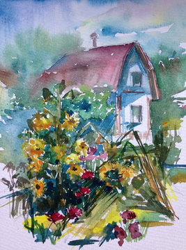 watercolor paint landscape village cottage hause flowers sunflowers architecture garden