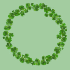 St'Patrick Green on Green Wreath Design. Shamrock Wreath on Green Background with Copy Space. Irish Good Luck Charm.