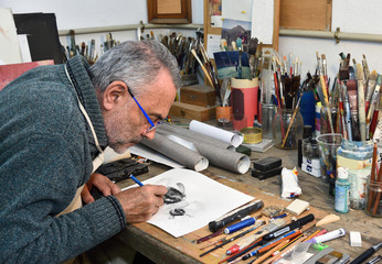 artist drawing in the studio