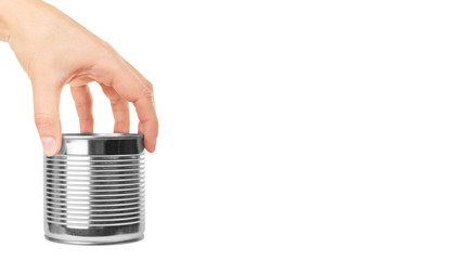 aluminum container can in hand. Isolated on white background. copy space, template