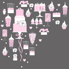 Wedding candy bar with cake. Dessert table.  Vector background
