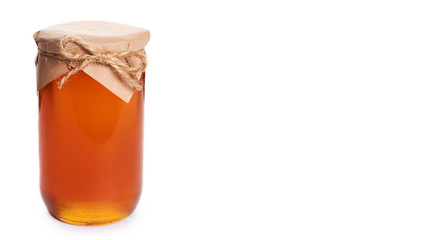 eco home made honey in jar isolated on white background. copy space, template