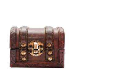 Old vintage treasure chest. Isolated on white background. copy space, template.