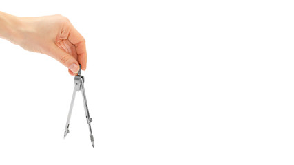 woman hand holding compass for drawing. Isolated on white background. copy space, template.
