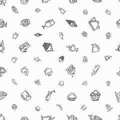 Seamless white pattern with hand-drawn elements on a coffee theme and desserts.