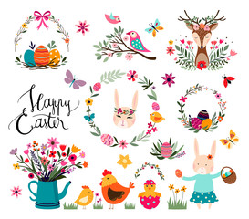 Easter elements collection with seasonal hand drawn items