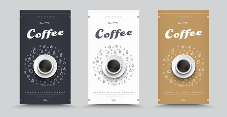 Design packaging for coffee with drawings by hand and a cup of coffee top view.
