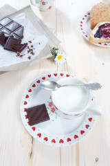 Hot sweet cocoa drink with milk and chocolate