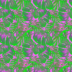 Watercolor Seamless Pattern. Hand Painted Illustration of Tropical Leaves and Flowers. Tropic Summer Motif with Liana Pattern.