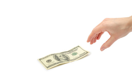 female hand takes or gives one hundred US dollars. Isolated on white background. copy space, template.