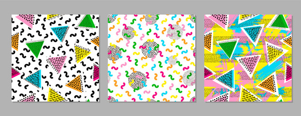 Colorful geometric seamless patterns. Bright backgrounds. 80's - 90's years design style. Trendy.