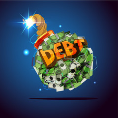 Money bomb with "debt" text. debt crisis concept - vector