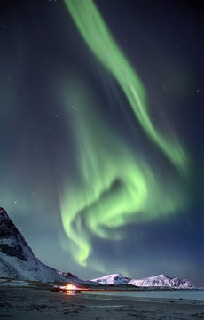Polar lights in the sky above the mountains on the northern beach in Norway