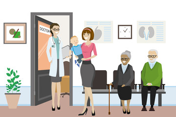 Cartoon open door to the doctor's office and different people are waiting