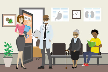 Cartoon african american doctor talking to a caucasian female