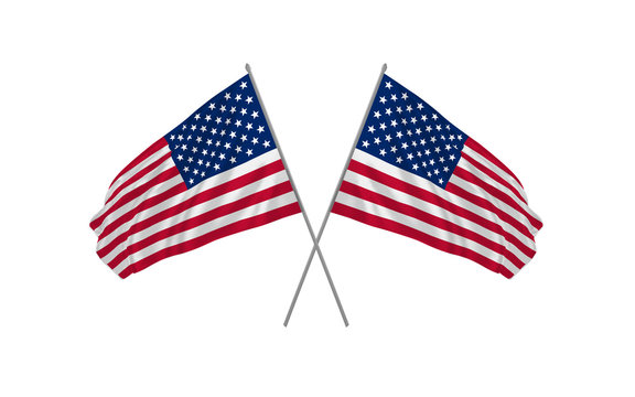 Two crossed USA flag waving with clothes effect. Vector illustration.