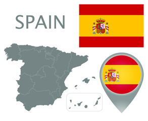 Colorful flag, map pointer and gray map of Spain with the administrative divisions. High detail. Vector illustration