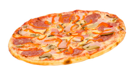 pizza with bacon, peperoni and mushrooms
