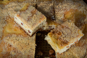 closeup sliced tasty handmade cheesecake at home