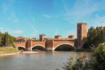 Fototapeta premium Scaligero Bridge and Adige river in Verona, Veneto, Italy