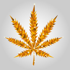Origami. Low-poly style. Gold vector leaf of marijuana from glass slices