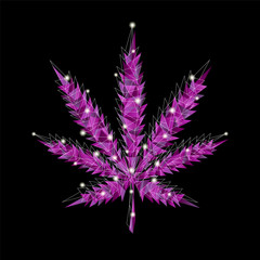 Vector style low poly. Purple marijuana leaf with luminous trichomes on a dark background