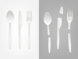 Vector 3d realistic disposable plastic cutlery - spoon, fork, knife and broken tools. Mock up of picnic party tableware isolated icons set on gray background. Template of eco kitchenware