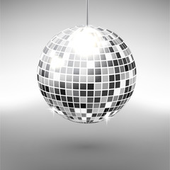 Disco ball isolated on grayscale background. Night Club party light element. Bright mirror silver ball design for disco dance club. Vector