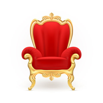 Vector realistic royal throne, luxurious red chair with carved golden legs isolated on background. Gilded antique armchair in victorian style. Object of expensive, exclusive furniture for vip person