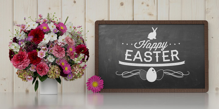 Happy Easter auf Tafel neben Blumenstrauß