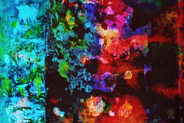 Fototapeta na wymiar Mixed media artwork, abstract colorful artistic painted layer in black, blue, red color palette on grunge texture photography background