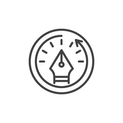 Creative process with fountain pen and clock outline icon. linear style sign for mobile concept and web design. Time management simple line vector icon. Symbol, logo illustration. Vector graphics