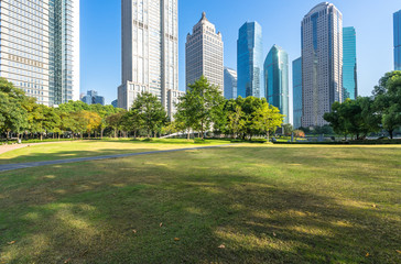 Obraz premium green lwan with modern building 