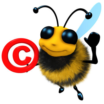 3d Funny cartoon honey bee character holding a copyright symbol