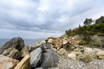 Panorama of Holy Mount Athos viewed from sea