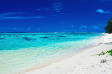 Fototapeta na wymiar Sandy beach with rocks and palms on Cook Islands, Rarotonga