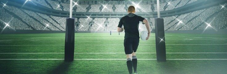 Composite image of rugby player running with a rugby ball