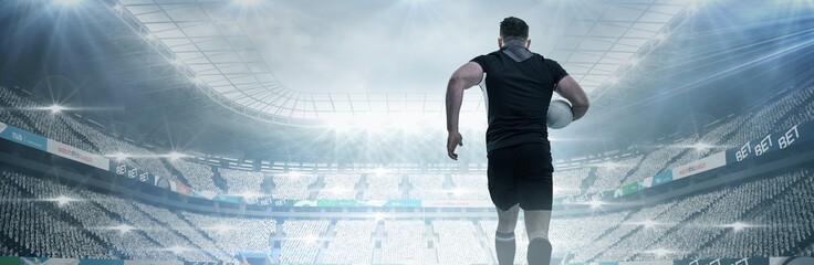 Composite image of rugby player running with the ball - obrazy, fototapety, plakaty
