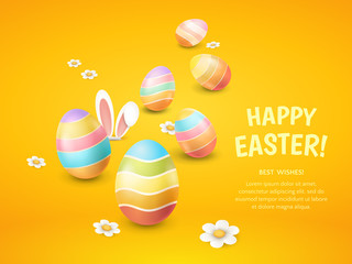 Vector greeting card with title “Happy Easter!”, cartoon bunny ears, camomiles and colored eggs. Festive template for design of holiday flyers and banners on the orange background.